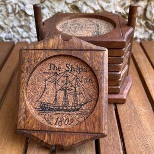 Vintage Woodcrest Nautical Styson Coasters The Ships Inn Wood Cork